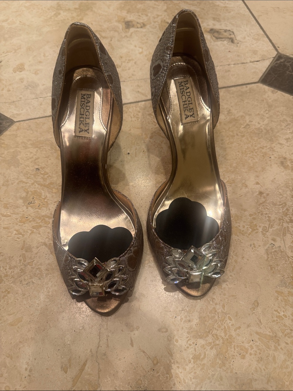 Badgley Mischka Rose Gold D'Orsay Peep-Toe Heels with Crystal Motif